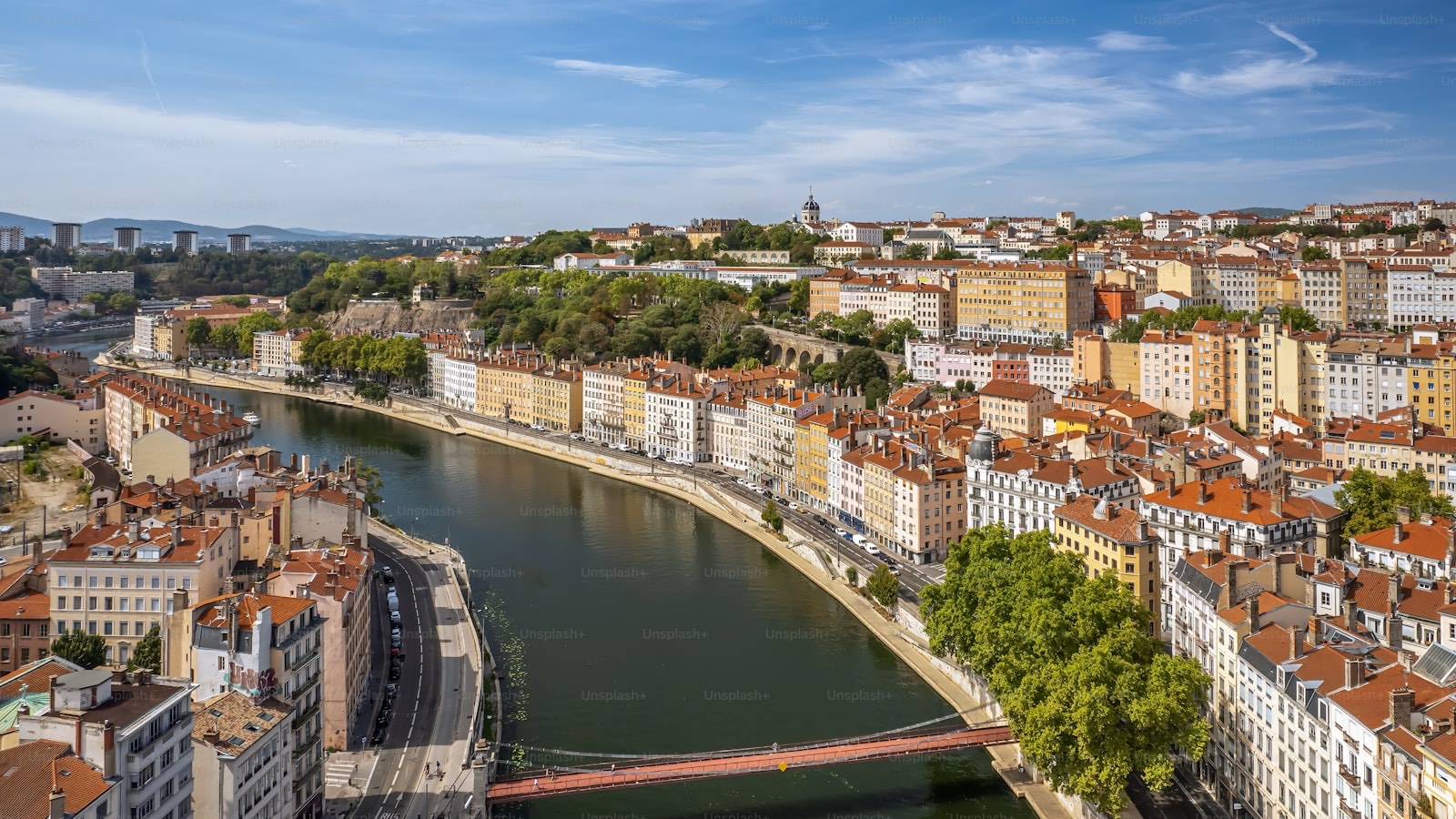 Lyon riverfront view at the Rhone and Saone confluence.